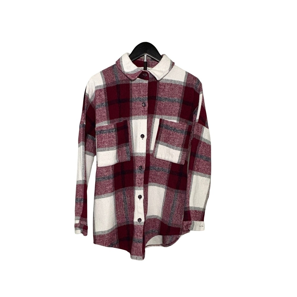 Davi & Dani Small Burgundy Plaid Shacket Fleece Button Up Shirt Jacket Womens